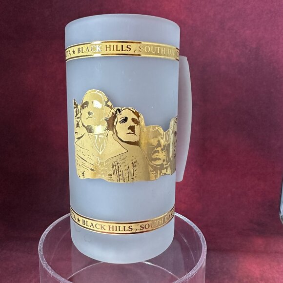 Vtg Mount Rushmore Black Hills South Dakota Large Frosted Glass w Gold Mug Stein - Picture 2 of 6